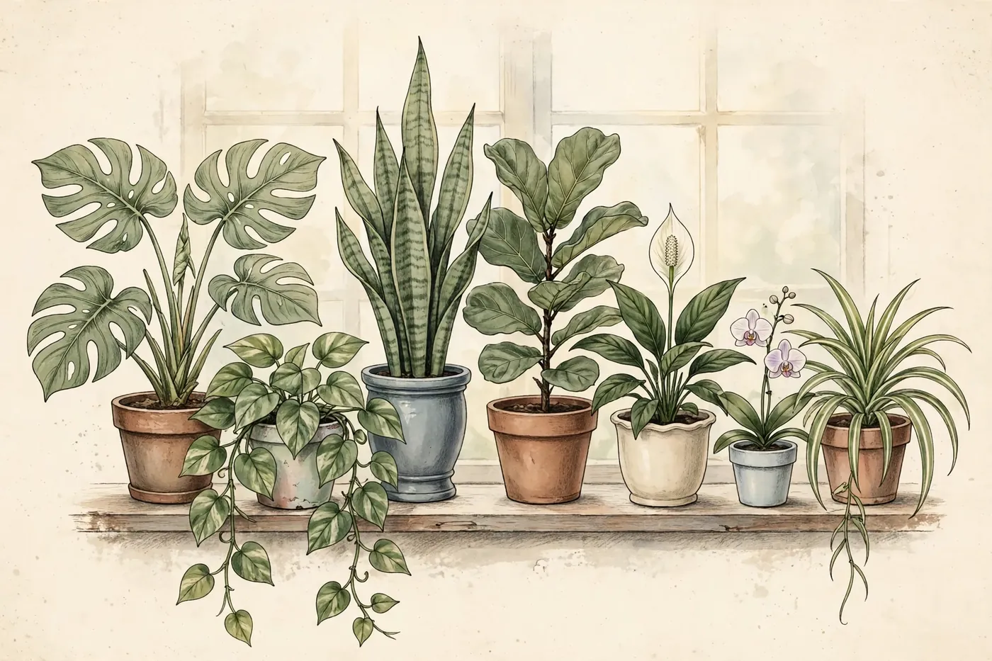 Illustration of a sunny windowsill holding a monstera, a trailing pothos, a snake plant, a fiddle-leaf fig, a flowering peace lily, a small orchid, and a spider plant